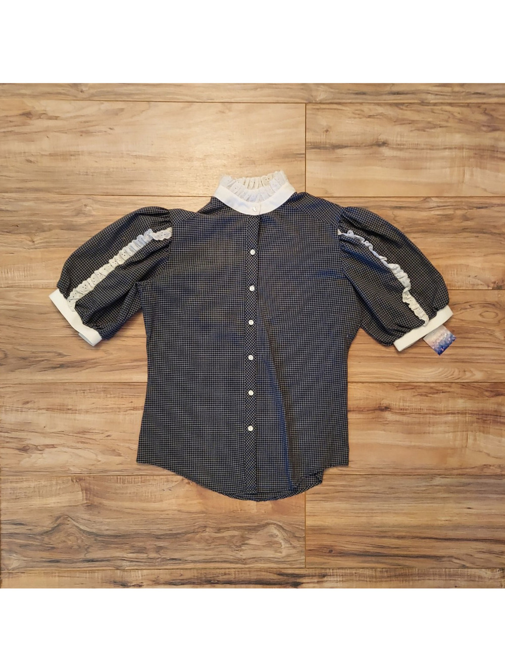 Shapely Women’s Check Blouse Black White High Neck 3/4 Puff Sleeve Button 10